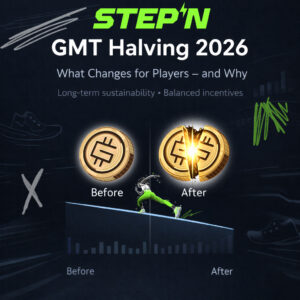 Illustration showing GMT Halving 2026 in STEPN, with before and after emission comparison