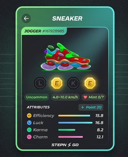 STEPN GO Uncommon sneaker with two highlighted Efficiency sockets