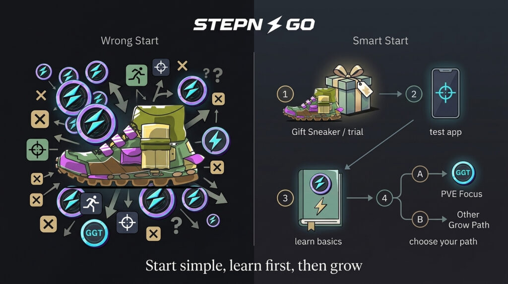 STEPN GO beginner roadmap showing smart start vs rushed start